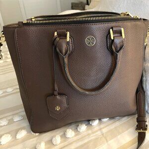 Tory Burch Robinson Leather Peddled Tote Shopper Brown